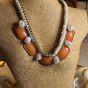 Fashion Jewelry Gold-Tone Necklace with Orange Stones and Pearl Accents